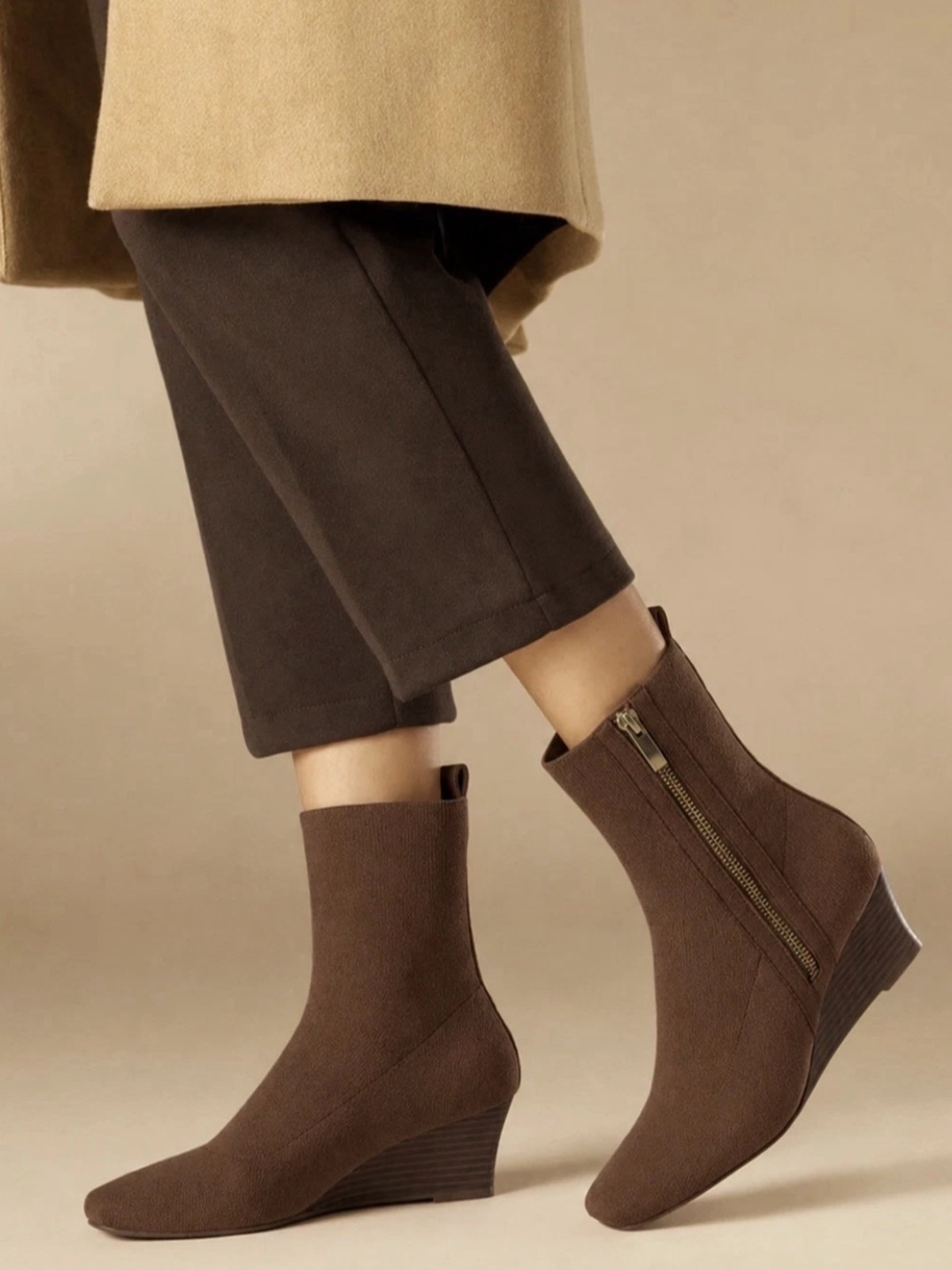 VIVAIA Micaela Side Zip Wedge Boots Dark Brown Mid Calf 38.5 8.5 K